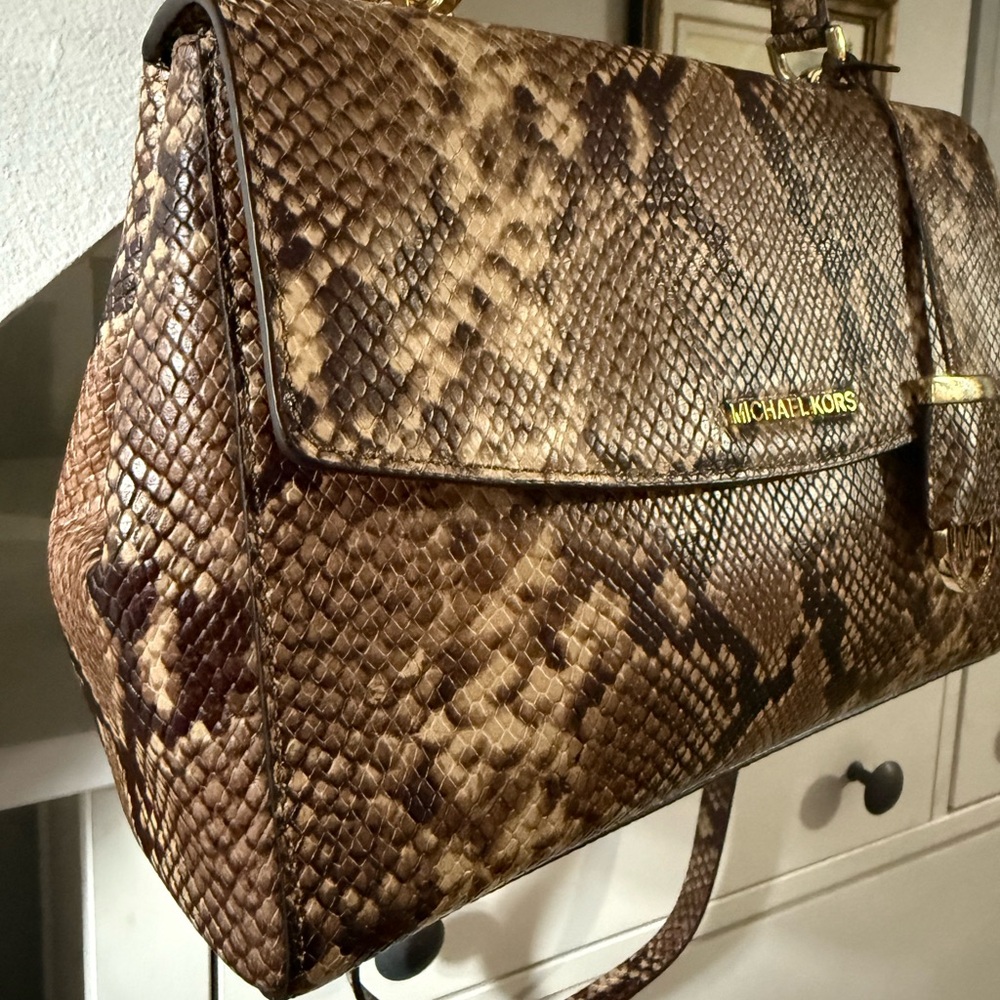 Michael Kors Tan Snake Print Satchel - Picture 3 of 11